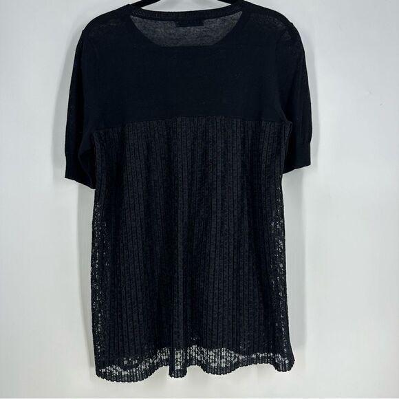 SANDRO Paris Black Linen Blend Lace Pleated Short Sleeve Top L - Picture 3 of 8